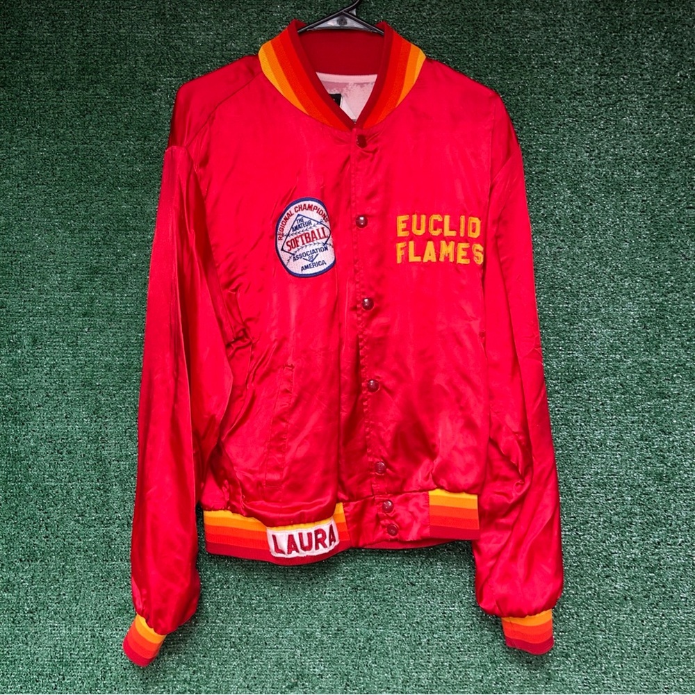 TRUE VINTAGE 80s Satin Baseball Euclid Flames Jacket M Swingster tag Ohio